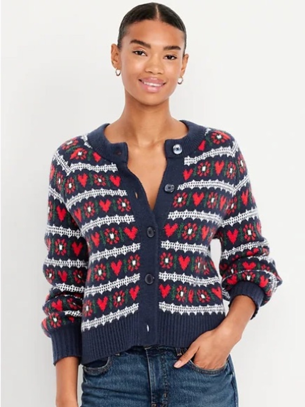 Old Navy SoSoft Valentine Hearts Flowers Cardigan Sweater Navy Red Small